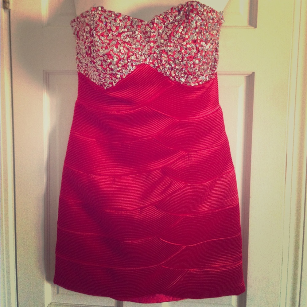 Red hot strapless cocktail dress